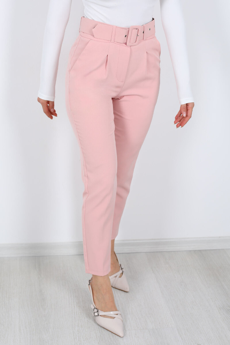 Kemerli Gül Kurusu Kadın Kumaş Pantolon - 2