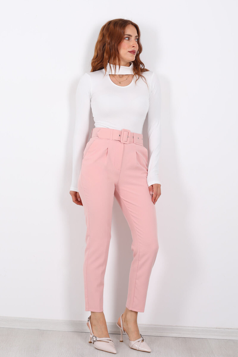 Kemerli Gül Kurusu Kadın Kumaş Pantolon - 1