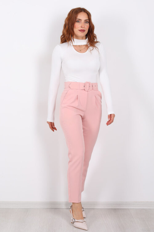 Kemerli Gül Kurusu Kadın Kumaş Pantolon - 4