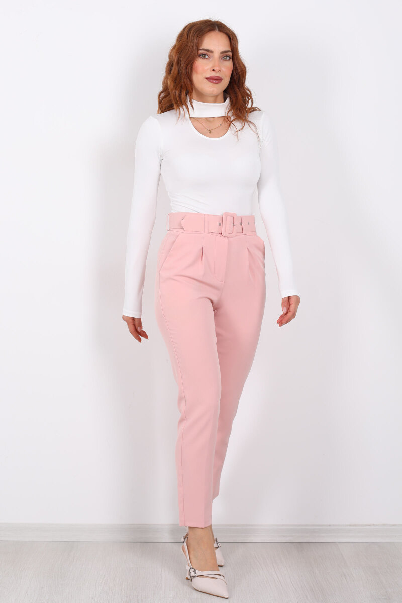 Kemerli Gül Kurusu Kadın Kumaş Pantolon - 4