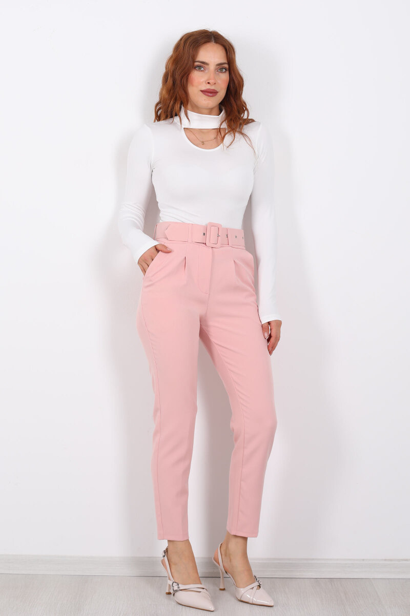 Kemerli Gül Kurusu Kadın Kumaş Pantolon - 3