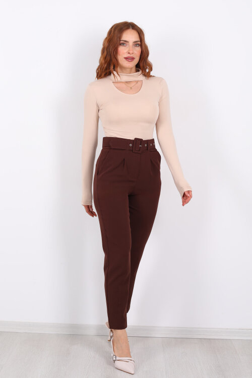 Kemerli Kahverengi Kadın Kumaş Pantolon - 4