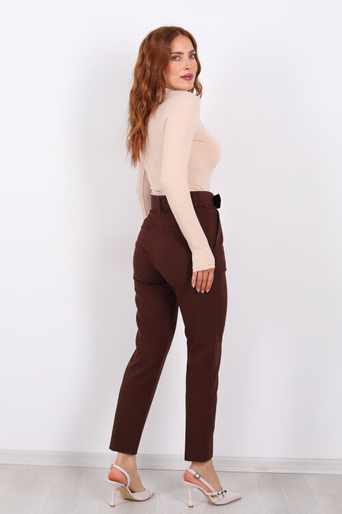 Kemerli Kahverengi Kadın Kumaş Pantolon - 6