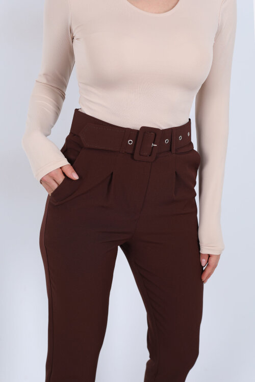 Kemerli Kahverengi Kadın Kumaş Pantolon - Berox (1)