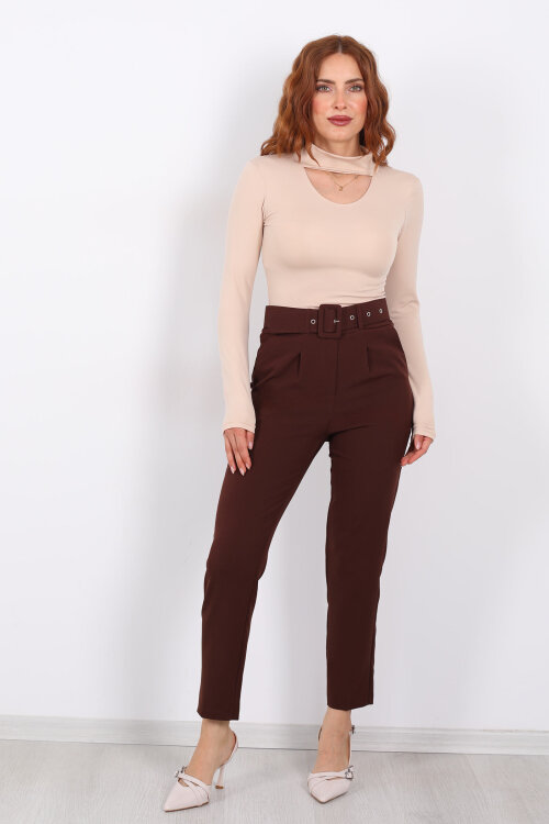 Kemerli Kahverengi Kadın Kumaş Pantolon - 3