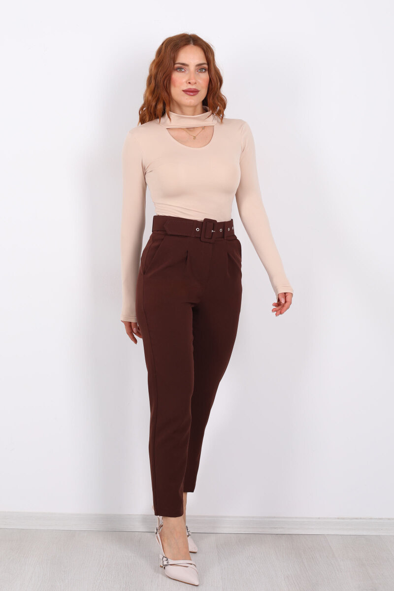 Kemerli Kahverengi Kadın Kumaş Pantolon - 7