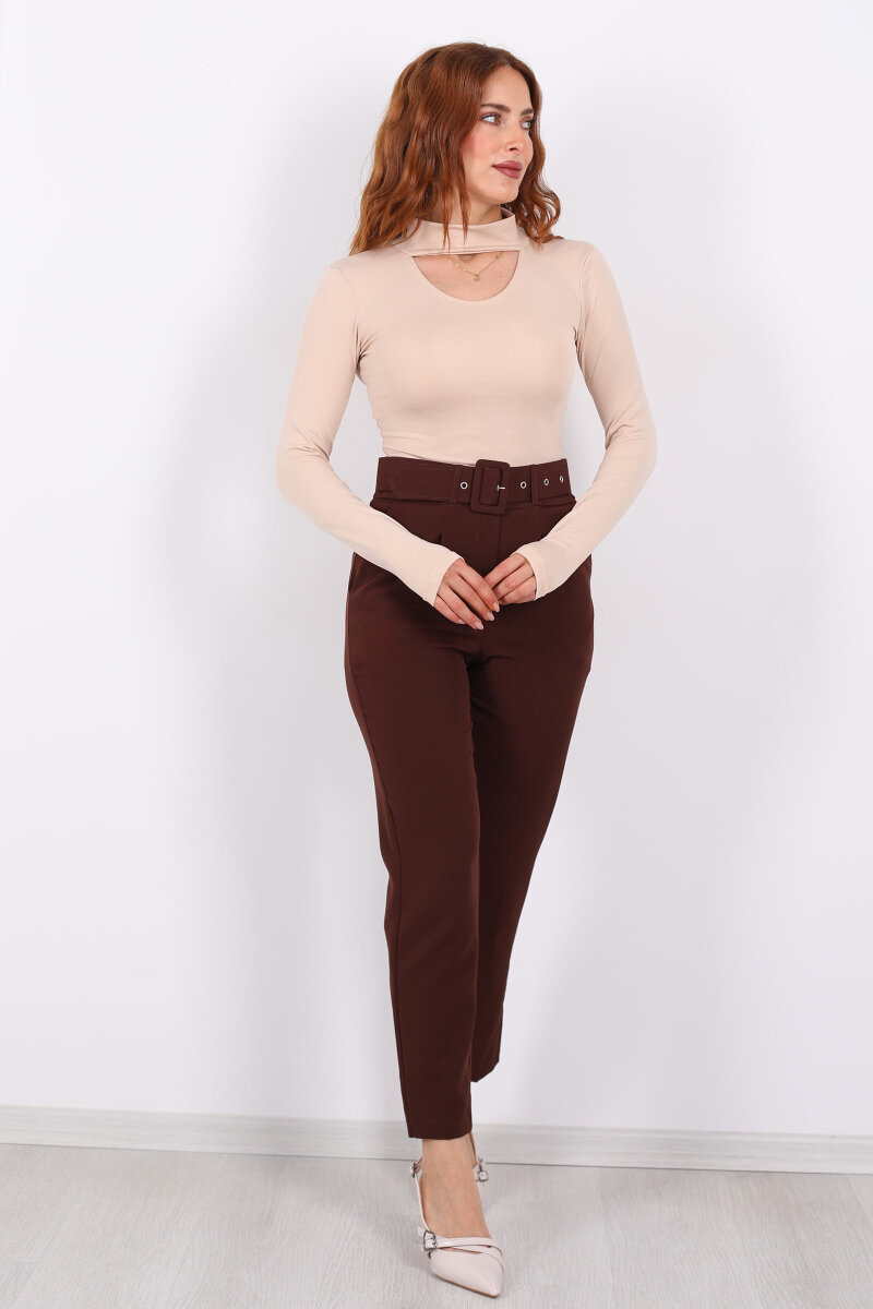 Kemerli Kahverengi Kadın Kumaş Pantolon - 1