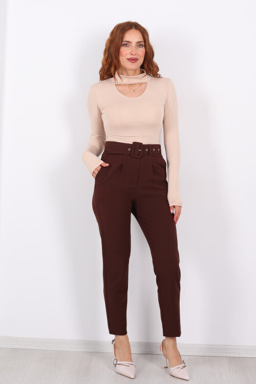 Kemerli Kahverengi Kadın Kumaş Pantolon - 5