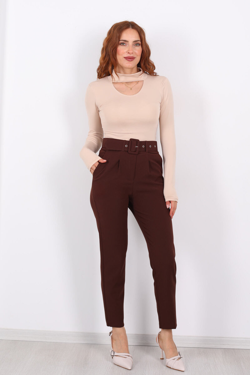 Kemerli Kahverengi Kadın Kumaş Pantolon - 5