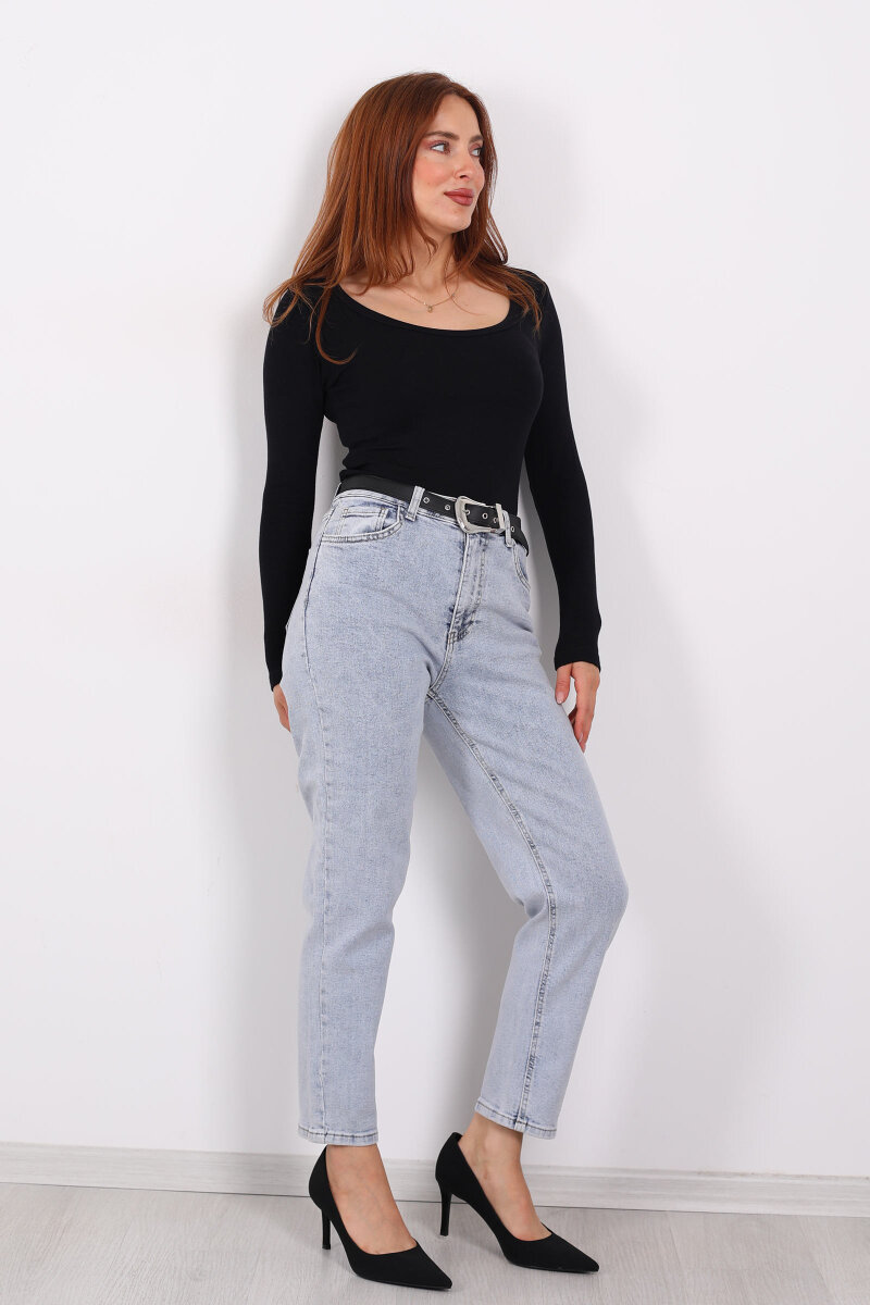 Kemerli Kar Yıkama Kadın Mom Pantolon - 5