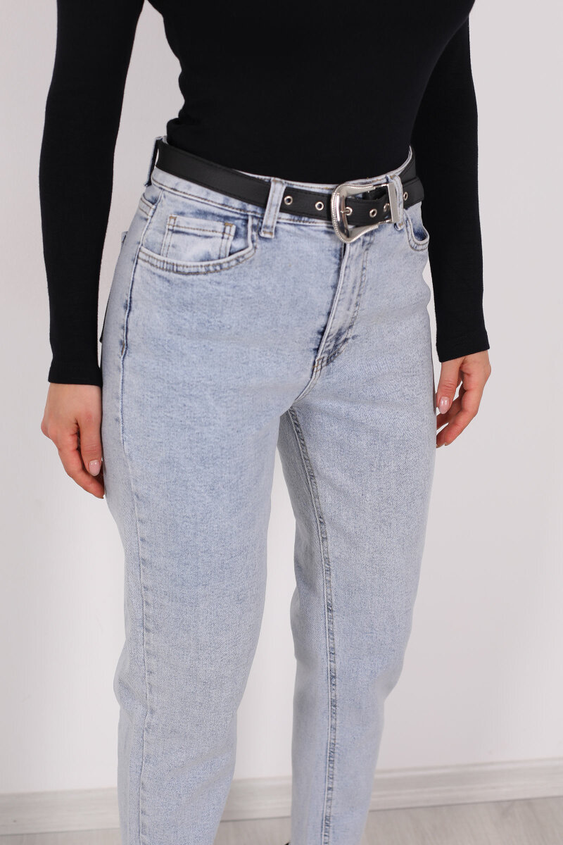 Kemerli Kar Yıkama Kadın Mom Pantolon - 2