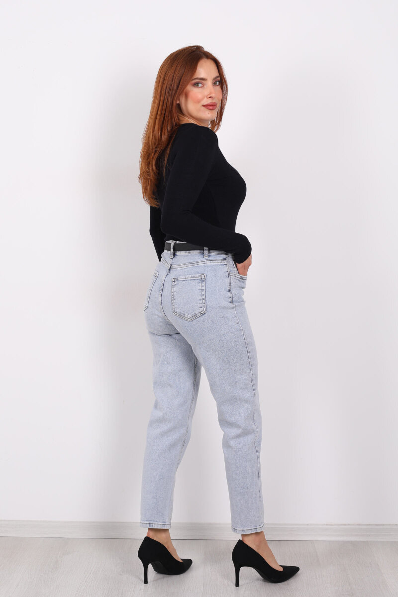 Kemerli Kar Yıkama Kadın Mom Pantolon - 6