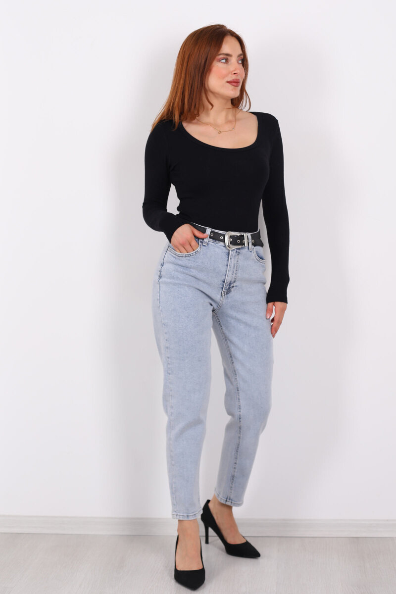 Kemerli Kar Yıkama Kadın Mom Pantolon - 4