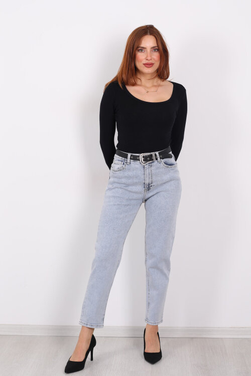 Kemerli Kar Yıkama Kadın Mom Pantolon - 3