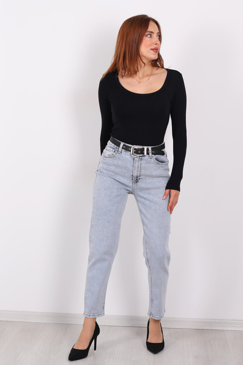 Kemerli Kar Yıkama Kadın Mom Pantolon - 7