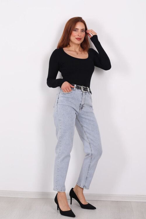 Kemerli Kar Yıkama Kadın Mom Pantolon - Berox