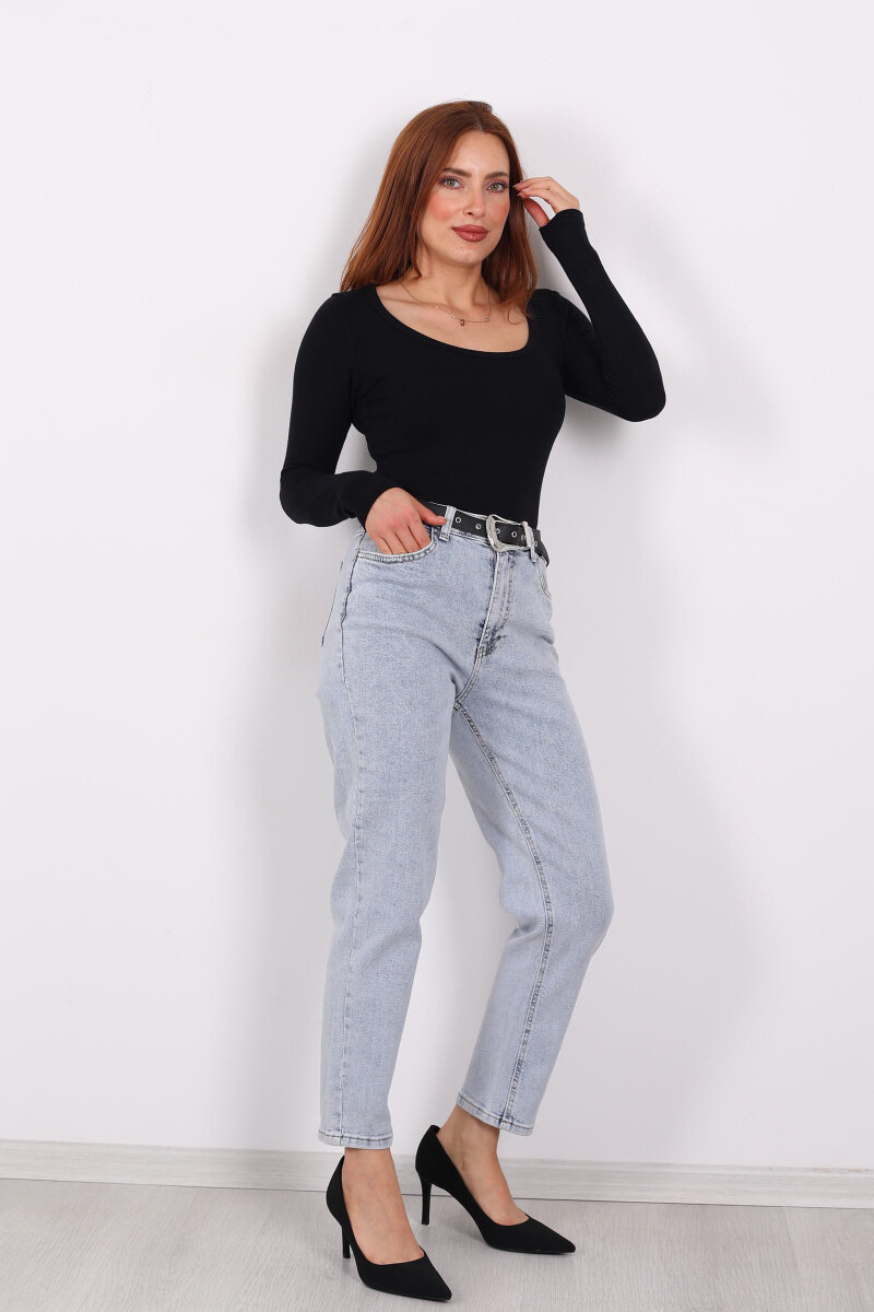 Kemerli Kar Yıkama Kadın Mom Pantolon - 1