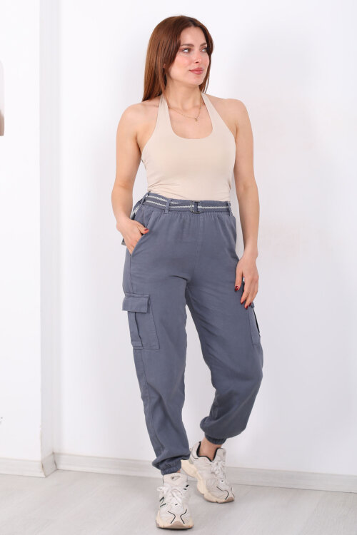 Kemerli Kargo Cepli Paça Lastikli Antrasit Kadın Pantolon - Berox