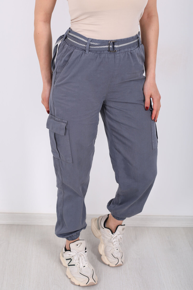 Kemerli Kargo Cepli Paça Lastikli Antrasit Kadın Pantolon - 2