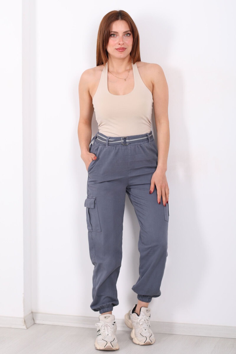 Kemerli Kargo Cepli Paça Lastikli Antrasit Kadın Pantolon - 6