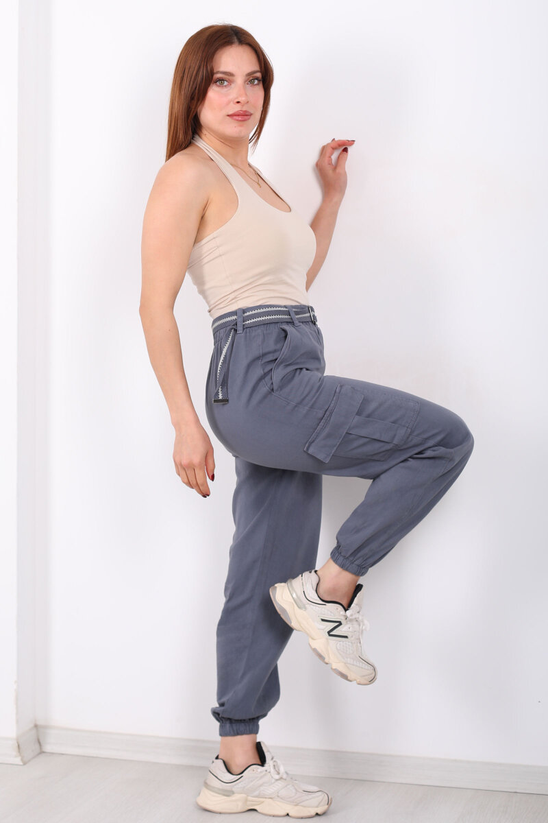 Kemerli Kargo Cepli Paça Lastikli Antrasit Kadın Pantolon - 4