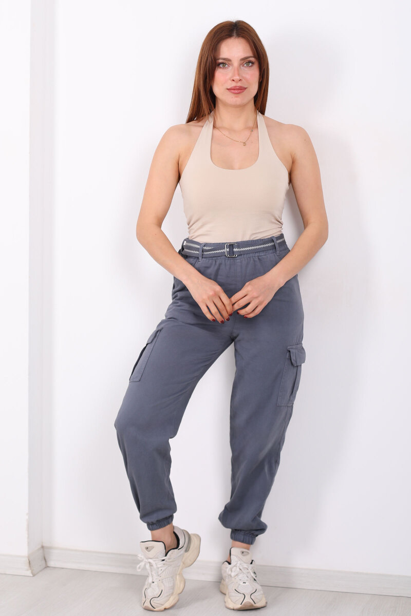 Kemerli Kargo Cepli Paça Lastikli Antrasit Kadın Pantolon - 3