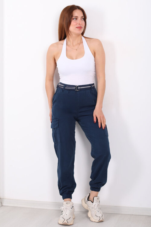 Kemerli Kargo Cepli Paça Lastikli Lacivert Kadın Pantolon - 3