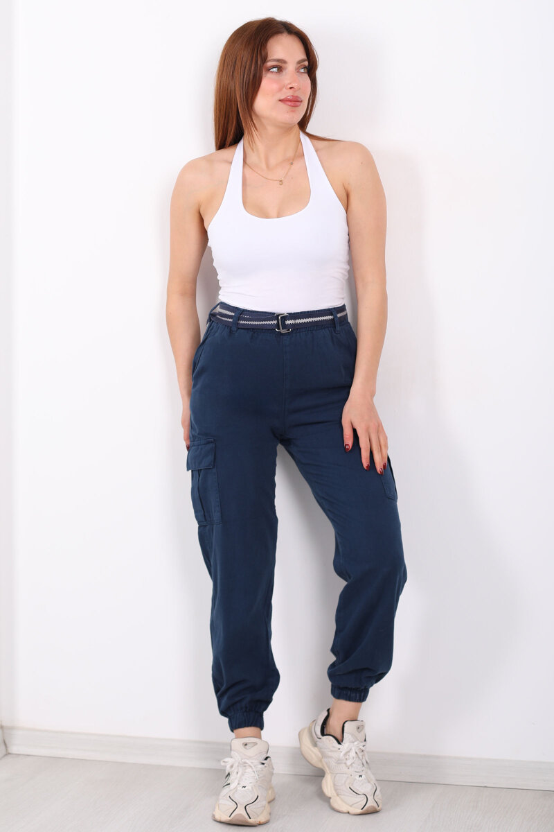 Kemerli Kargo Cepli Paça Lastikli Lacivert Kadın Pantolon - 3