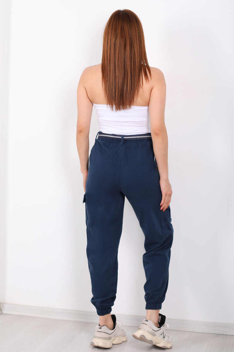 Kemerli Kargo Cepli Paça Lastikli Lacivert Kadın Pantolon - 5