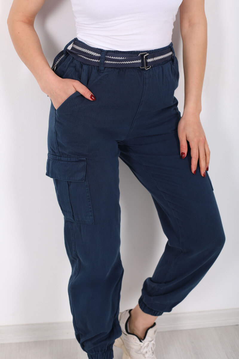 Kemerli Kargo Cepli Paça Lastikli Lacivert Kadın Pantolon - 2