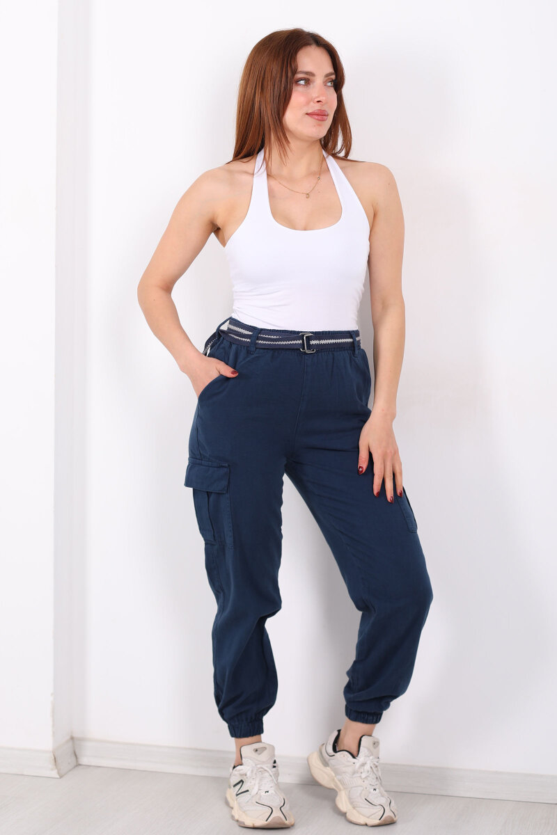 Kemerli Kargo Cepli Paça Lastikli Lacivert Kadın Pantolon - 4