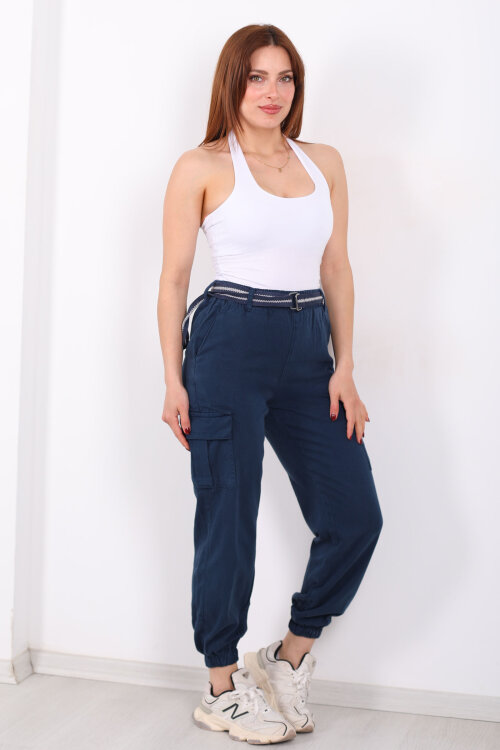 Kemerli Kargo Cepli Paça Lastikli Lacivert Kadın Pantolon - 6