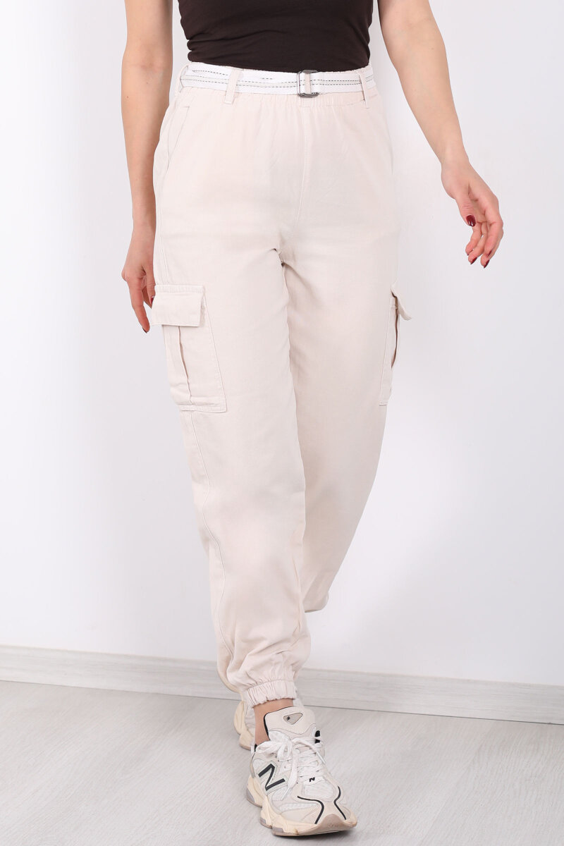 Kemerli Kargo Cepli Paça Lastikli Taş Rengi Kadın Pantolon - 2