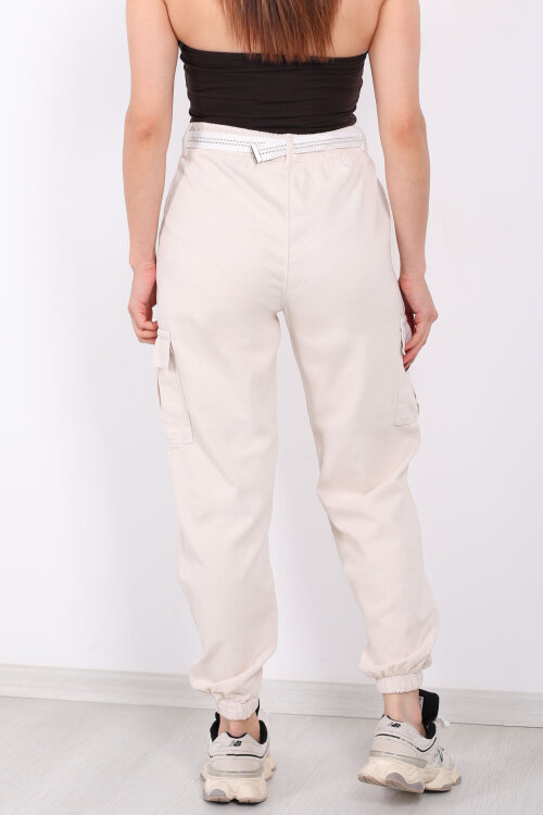 Kemerli Kargo Cepli Paça Lastikli Taş Rengi Kadın Pantolon - 5