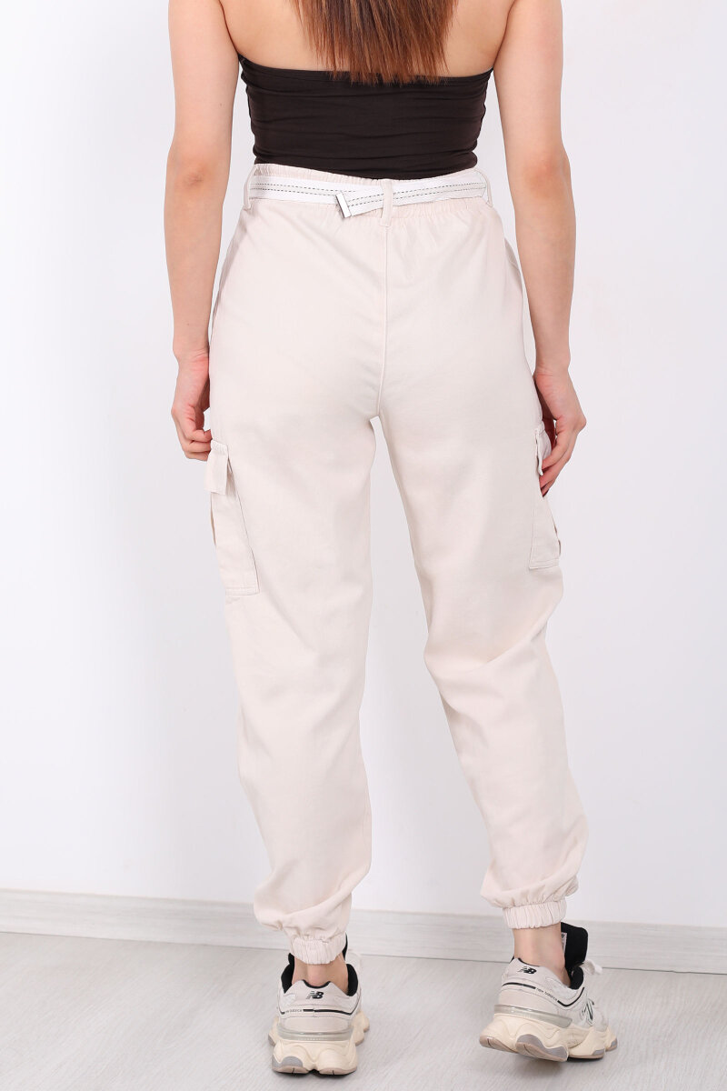 Kemerli Kargo Cepli Paça Lastikli Taş Rengi Kadın Pantolon - 5