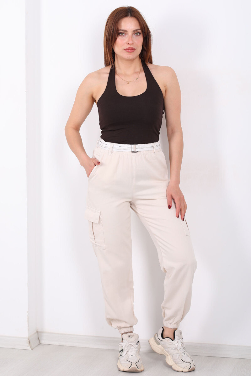Kemerli Kargo Cepli Paça Lastikli Taş Rengi Kadın Pantolon - 1