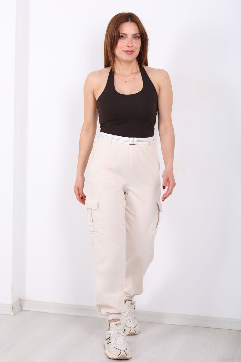 Kemerli Kargo Cepli Paça Lastikli Taş Rengi Kadın Pantolon - 6