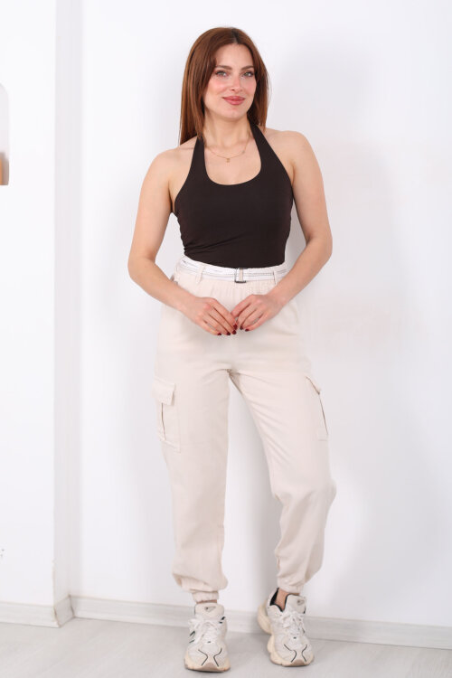 Kemerli Kargo Cepli Paça Lastikli Taş Rengi Kadın Pantolon - 4