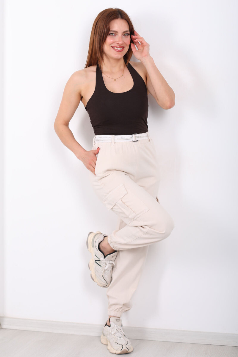 Kemerli Kargo Cepli Paça Lastikli Taş Rengi Kadın Pantolon - 3