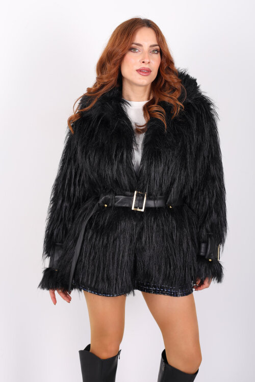 Kemerli Kol Detaylı Siyah Kadın Kürk Kaban - 6