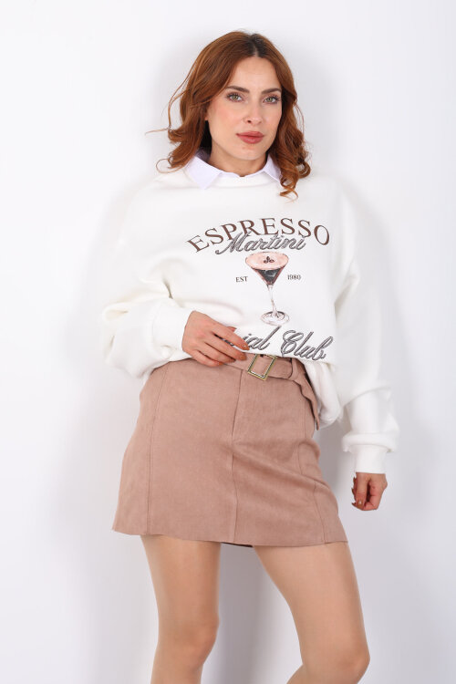 Kemerli Mini Taş Rengi Kadın Süet Etek - 6