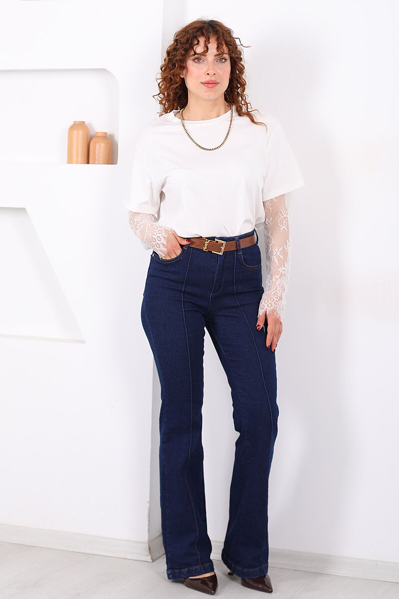 Kemerli Önü Çimalı Kadın Koyu Mavi Kar Yıkama İspanyol Paça Jean - 4