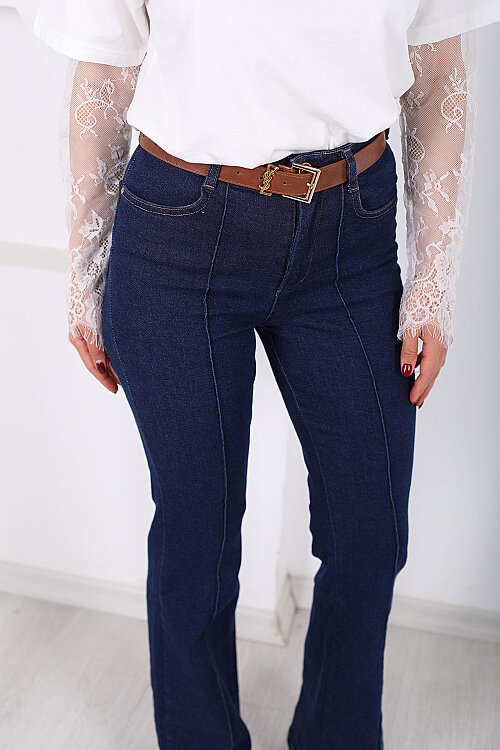 Kemerli Önü Çimalı Kadın Koyu Mavi Kar Yıkama İspanyol Paça Jean - Berox (1)