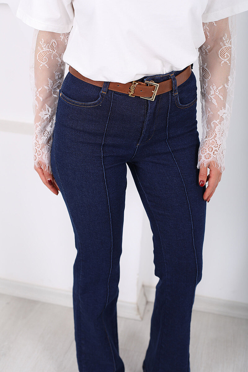 Kemerli Önü Çimalı Kadın Koyu Mavi Kar Yıkama İspanyol Paça Jean - 2