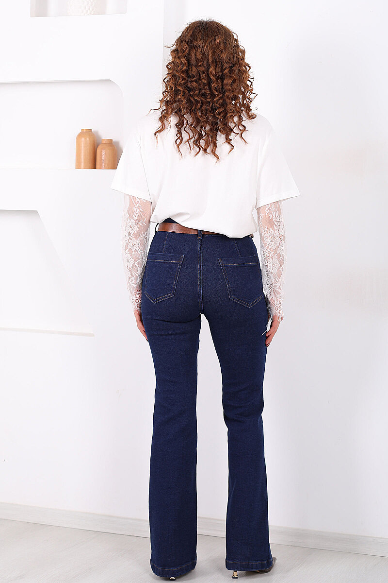 Kemerli Önü Çimalı Kadın Koyu Mavi Kar Yıkama İspanyol Paça Jean - 6