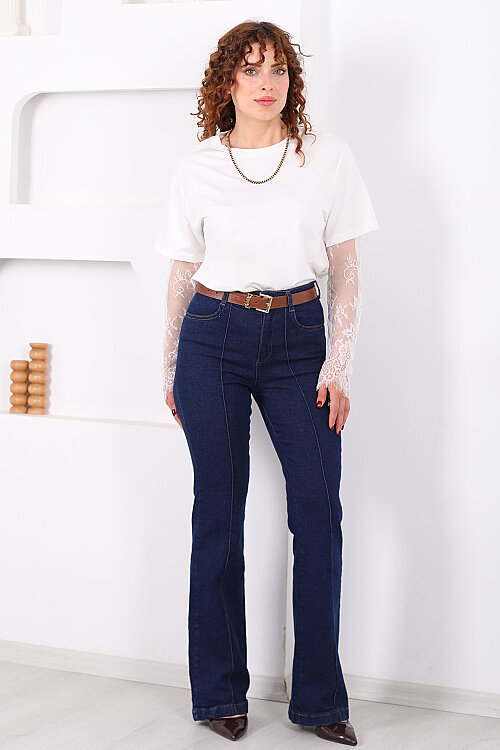 Kemerli Önü Çimalı Kadın Koyu Mavi Kar Yıkama İspanyol Paça Jean - 7