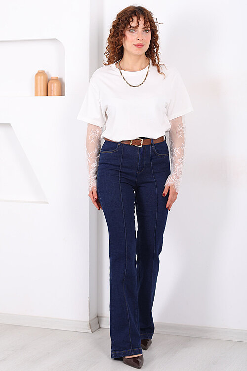 Kemerli Önü Çimalı Kadın Koyu Mavi Kar Yıkama İspanyol Paça Jean - 5