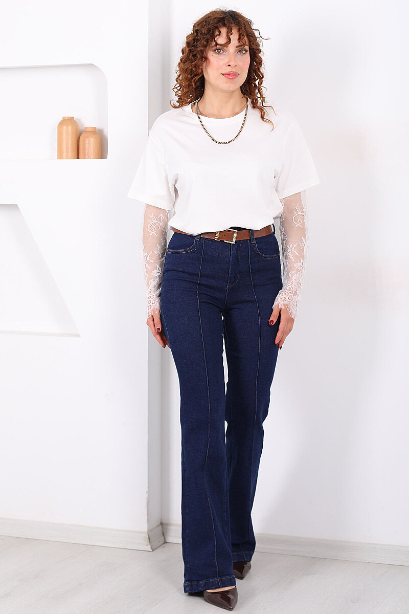 Kemerli Önü Çimalı Kadın Koyu Mavi Kar Yıkama İspanyol Paça Jean - 5