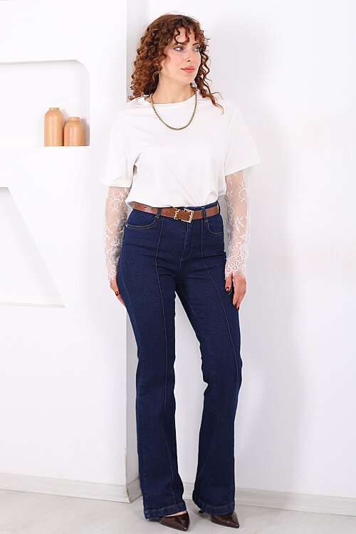 Kemerli Önü Çimalı Kadın Koyu Mavi Kar Yıkama İspanyol Paça Jean - Berox