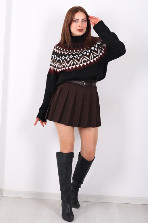 Kemerli Pile Detaylı Acı Kahve Kadın Şort Etek - 4